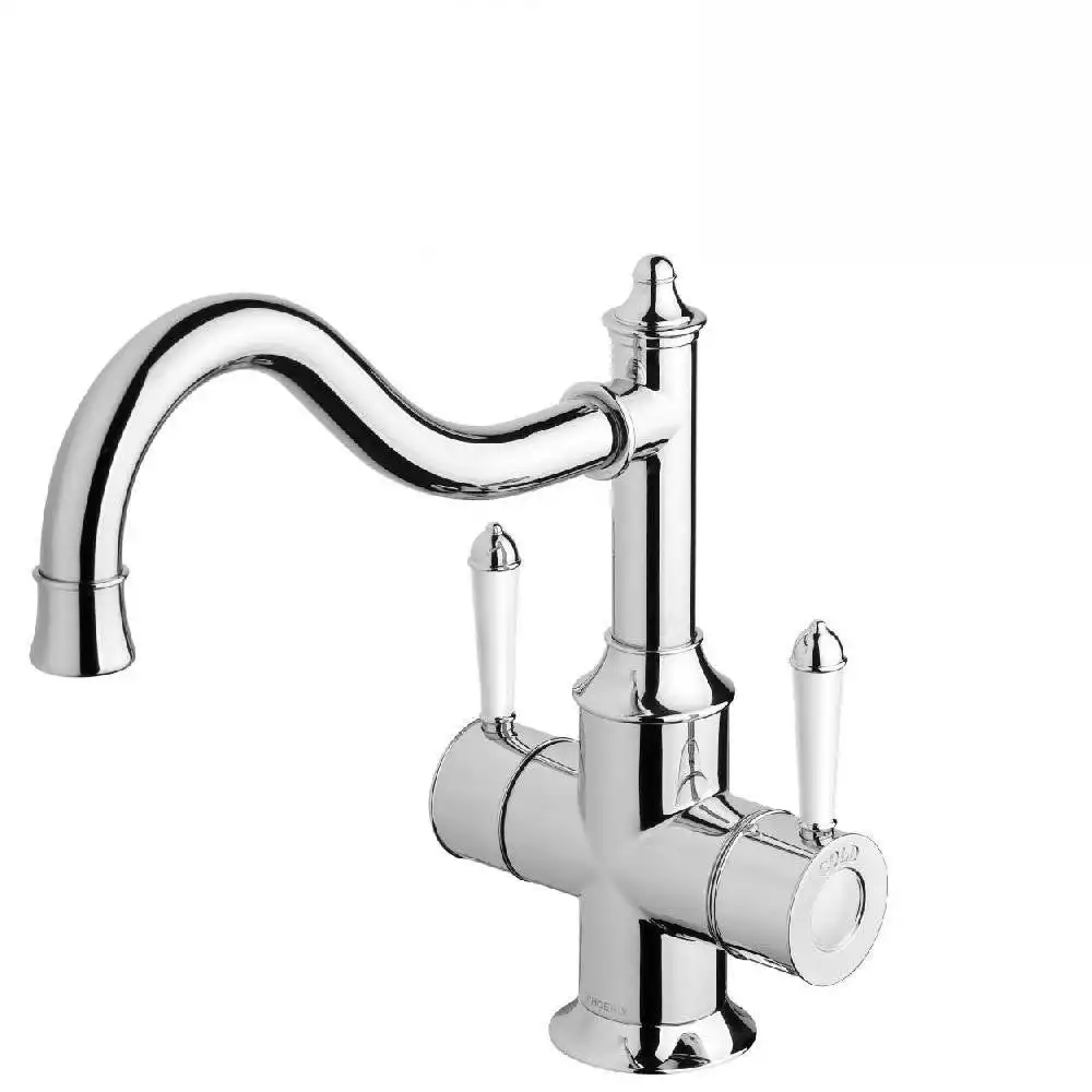 Phoenix Nostalgia Twin Handle Sink Mixer 220mm Shepherds Crook Chrome/ White NS714-62