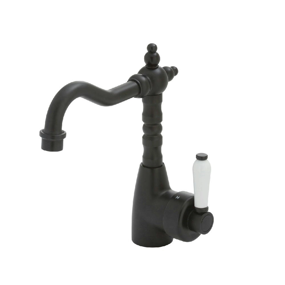 Fienza Eleanor Shepherds Crook Basin Mixer Matte Black with White Ceramic Handle 202103BK