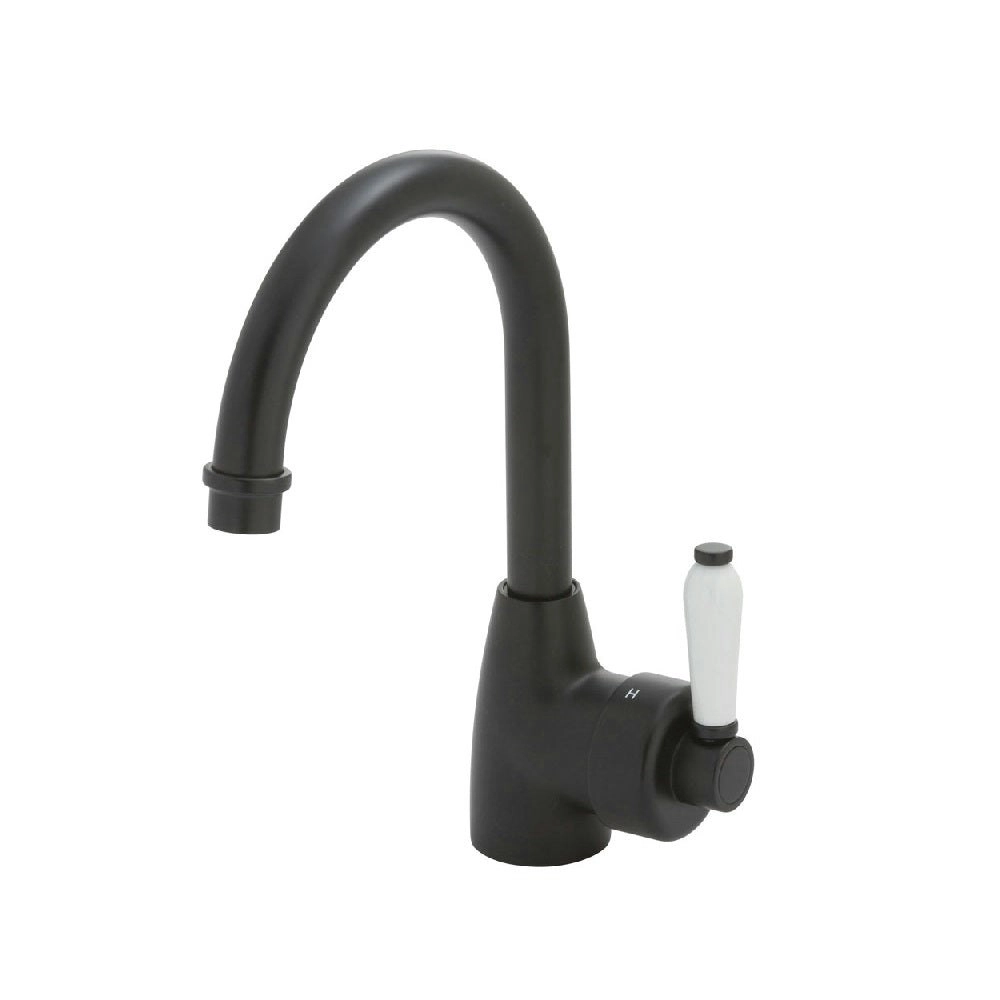 Fienza Eleanor Gooseneck Basin Mixer Matte Black with White Ceramic Handle 202104BK