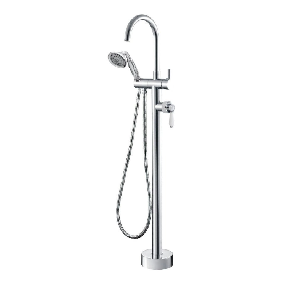 Fienza Eleanor Floor Mixer & Shower Chrome with White Ceramic Handle 202113