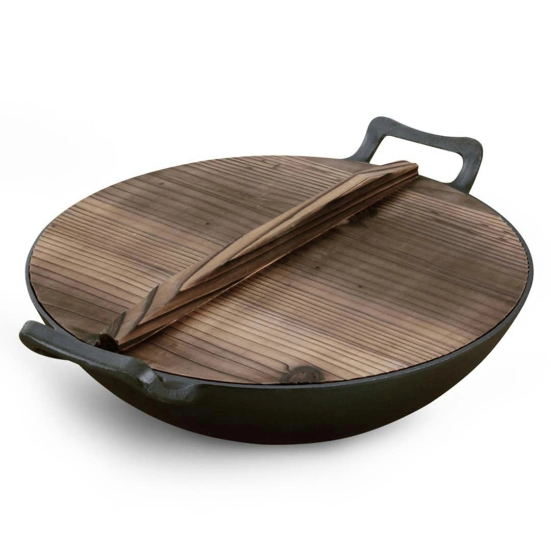 Soga 36CM Commercial Cast Iron Wok FryPan with Wooden Lid Fry Pan