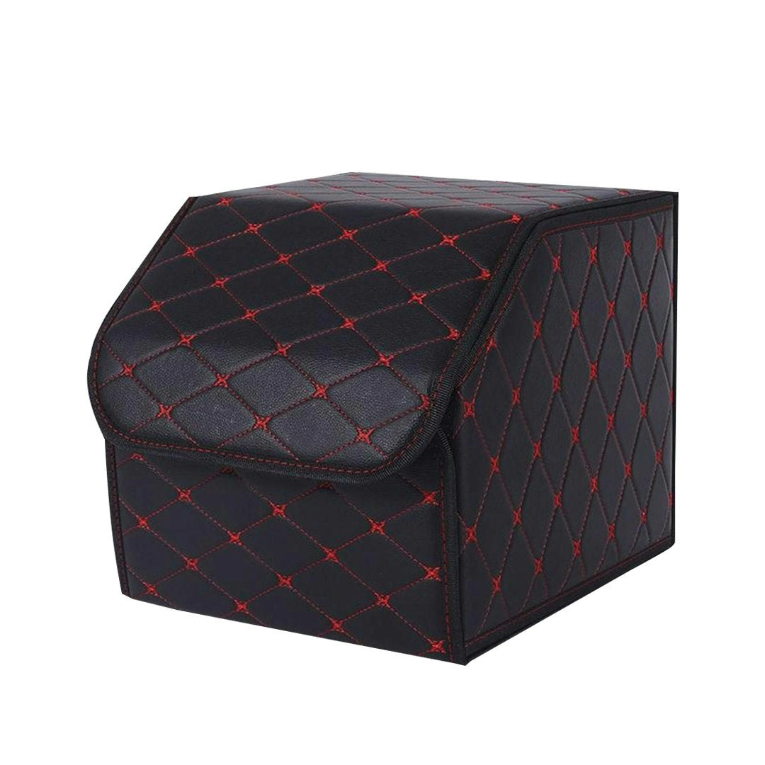 Soga Leather Car Boot Collapsible Foldable Trunk Cargo Organizer Portable Storage Box Black/Red Stitch Small