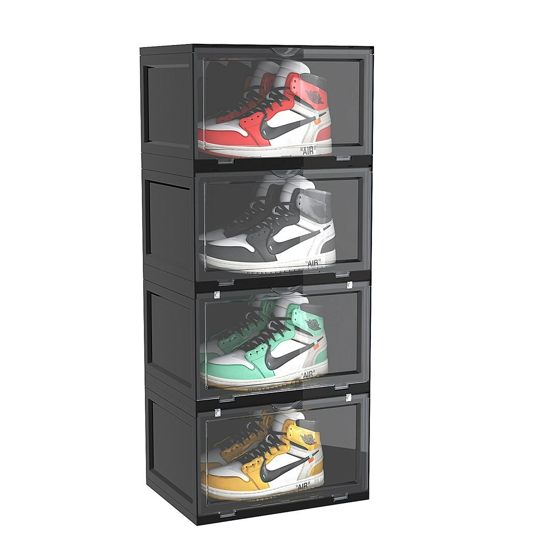 Soga 4 Tier Black Portable Shoe Organiser Sneaker Footwear Folding Plastic Bin Stackable Storage Box with Magnetic Door