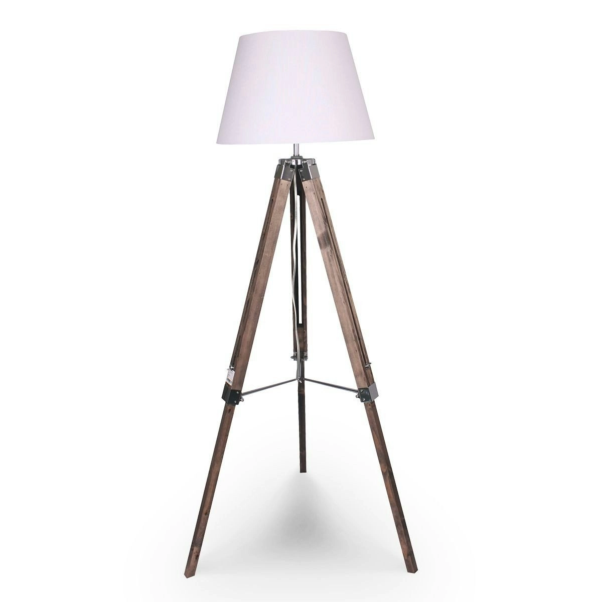 Solid Wood Tripod Floor Lamp Adjustable Height White Linen Taper Shade