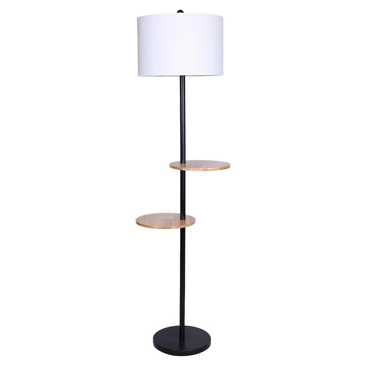 Metal Floor Lamp Shade With Black Post In Round Wood Shelves