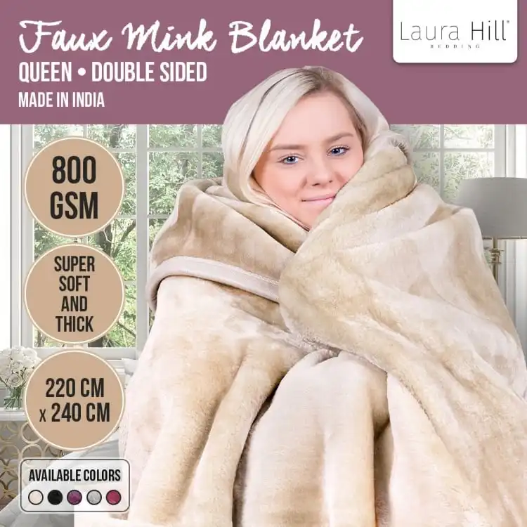 Laura Hill 800gsm Heavy Double Sided Faux Mink Blanket   Beige