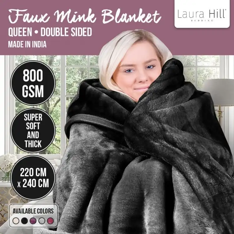 Laura Hill 800gsm Heavy Double Sided Faux Mink Blanket   Black