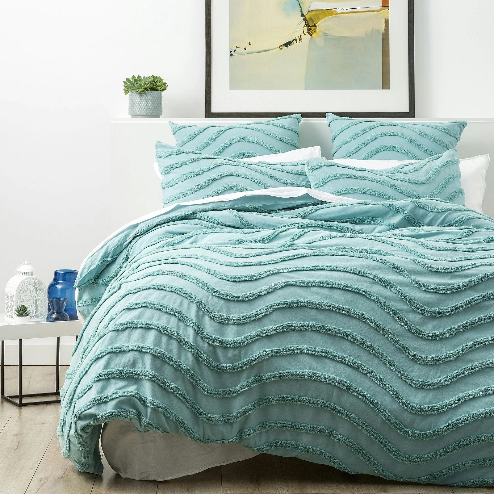 Cloud Linen Wave 100% Cotton Chenille Vintage washed tufted Quilt Cover Set -Aqua