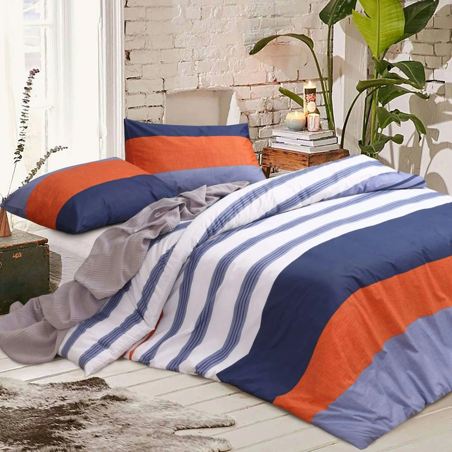 Amsons Kara Pure Cotton Quilt Doona Duvet Cover Set – White, Blue, Rust