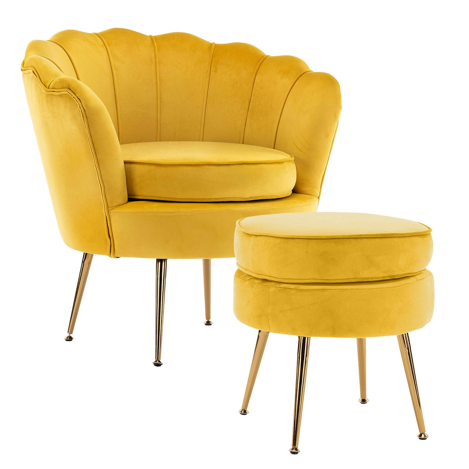 Armchair Velvet Shell Scallop + Ottoman Foot Stool - YELLOW