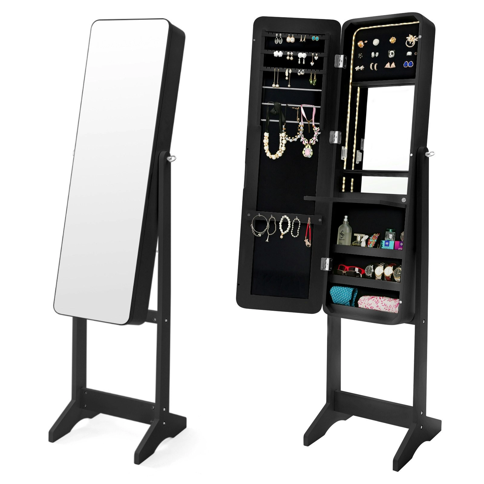 146cm Mirror Jewellery Cabinet LED FLASHY - Black