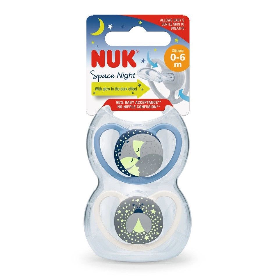 NUK Space Baby Dummy 0-6m, With Extra Ventilation, BPA-Free Silicone, 2 Pack - Assorted