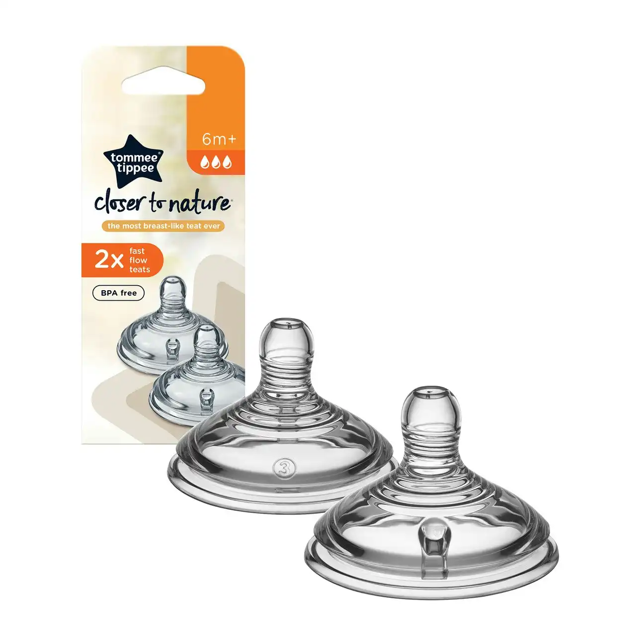 Tommee Tippee Closer to Nature Baby Bottle Teats, Breast-like, Anti-colic Valve, Soft Silicone, Fast Flow, 6m+, 2 Pack