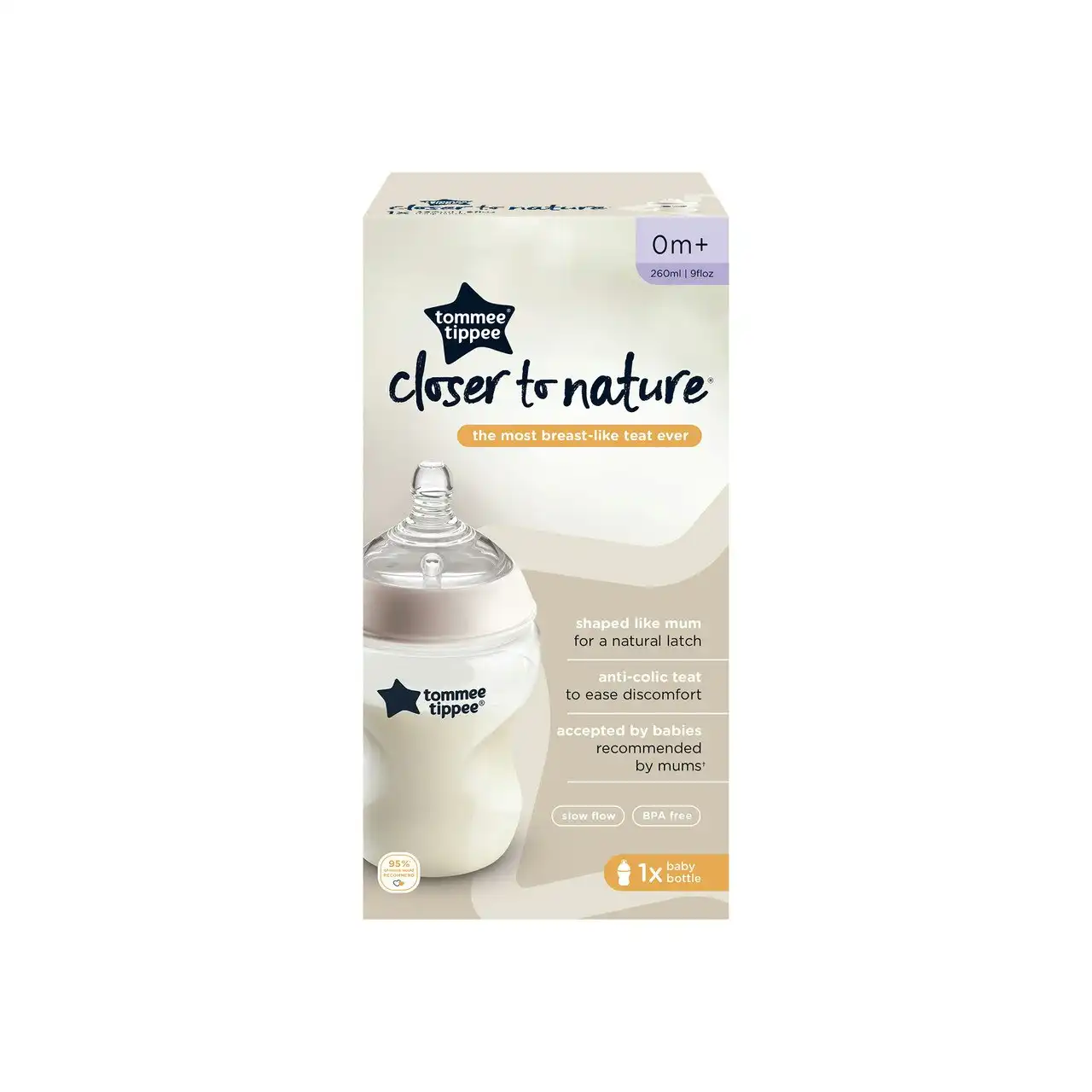 Tommee Tippee Closer to Nature Baby Bottle, 260ml, Slow Flow Breast-Like Teat for a Natural Latch Anti-Colic Valve, Pack of 1