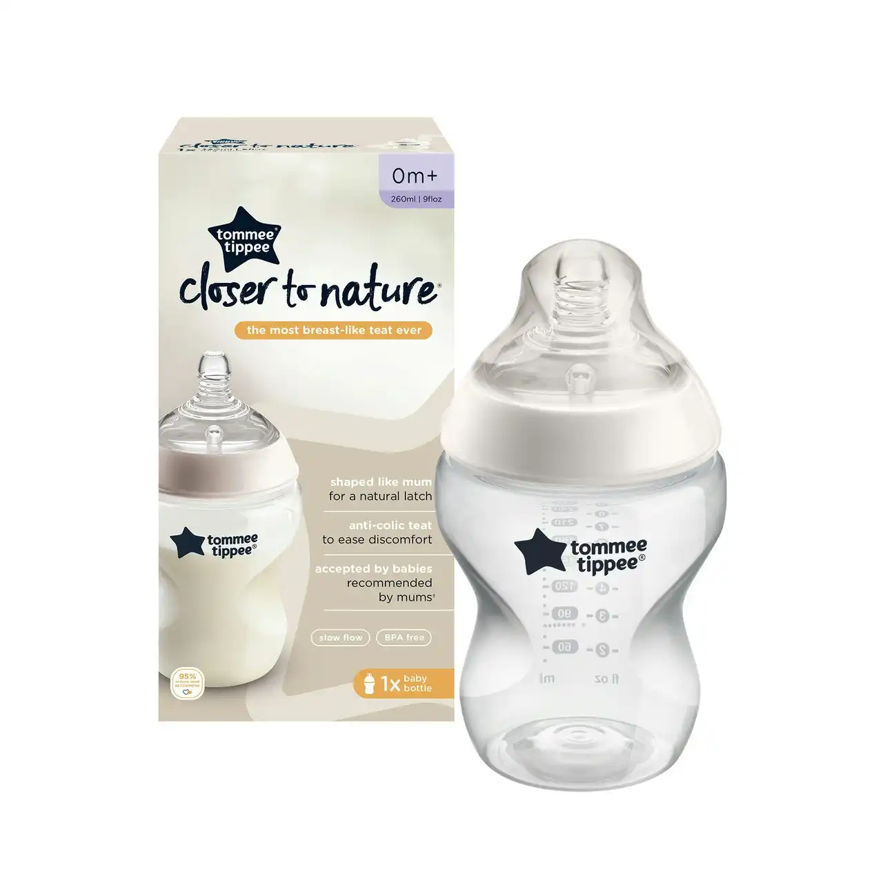 Tommee Tippee Closer to Nature Baby Bottle, 260ml, Slow Flow Breast-Like Teat for a Natural Latch Anti-Colic Valve, Pack of 1