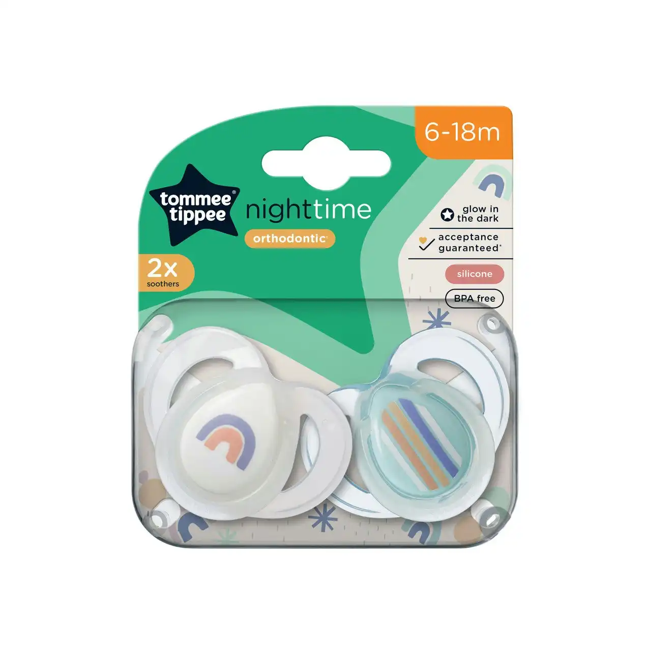 Tommee Tippee Nighttime soother, 6-18 months, 2 pack of glow in the dark soothers with reusable steriliser pod
