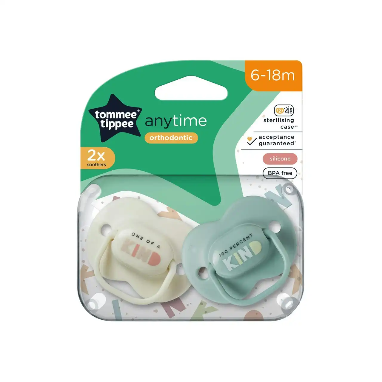 Tommee Tippee Anytime Soother, 6-18 months, 2 pack of symmetrical, BPA free soothers with a reusable steriliser pod