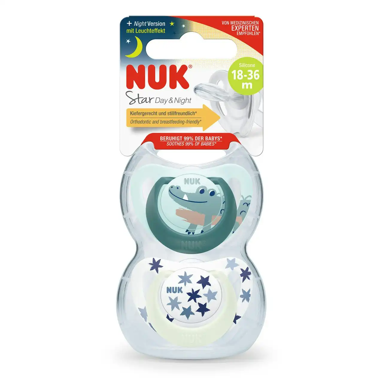 NUK Star Night Baby Dummy 18-36m, Glow-In-The-Dark, BPA-Free Silicone, 2 Pack - Assorted