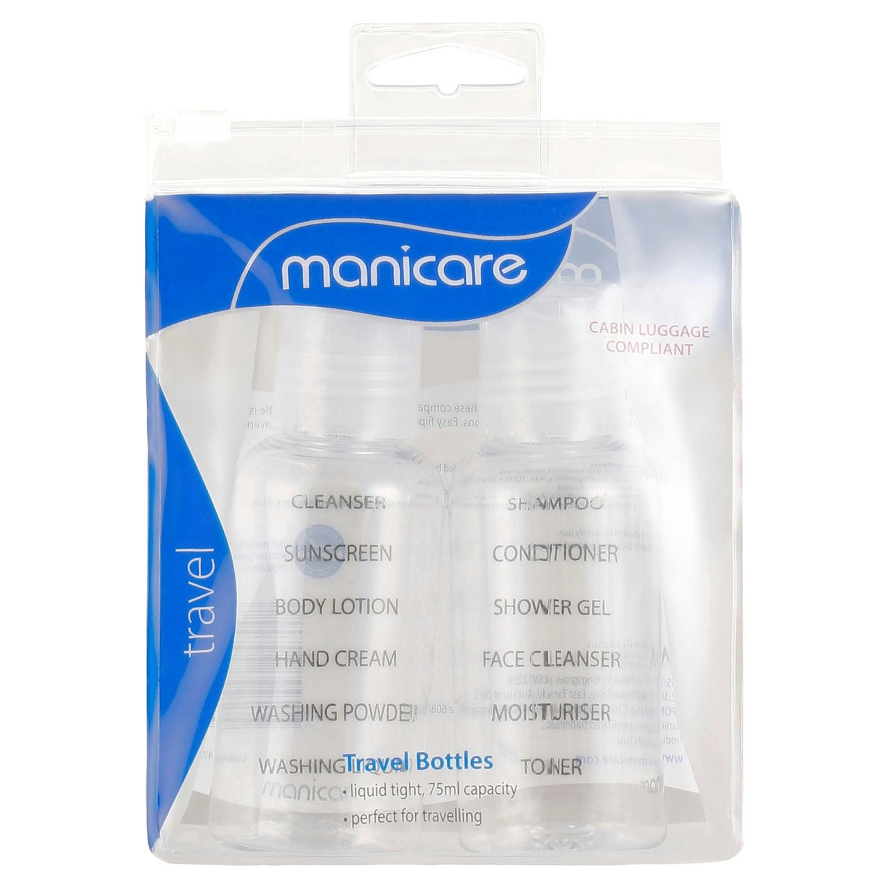 Manicare Travel Bottles, With Id Labels, 2 Pack