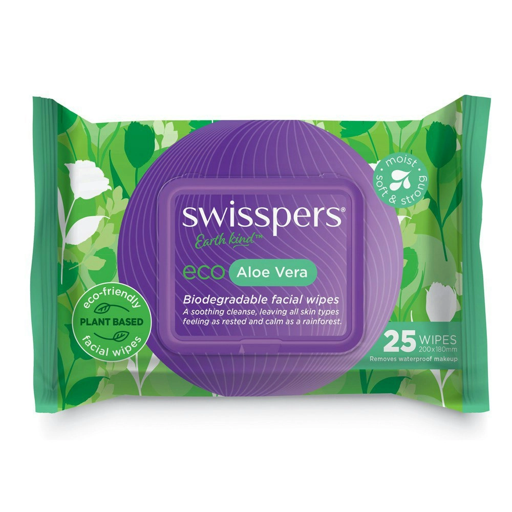 Swisspers Eco Aloe Vera Biodegradable Facial Wipes 25 Pack