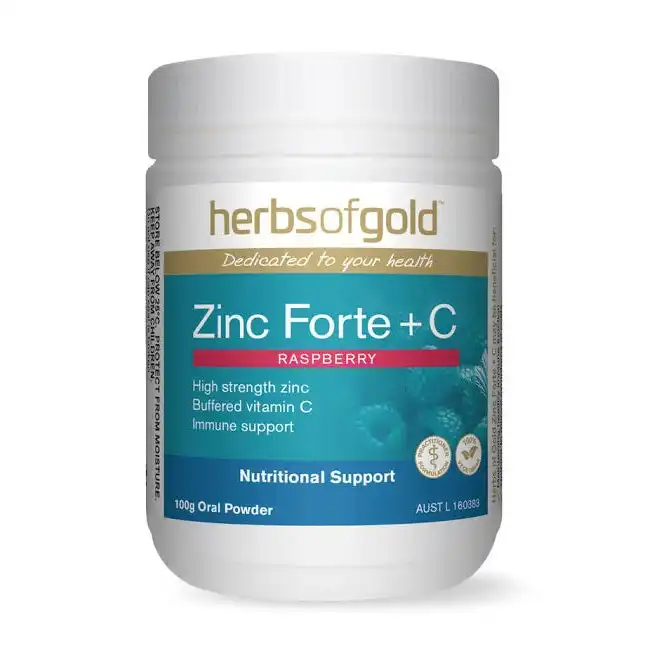 Herbs Of Gold Zinc Forte + C Raspberry Oral Powder 100g