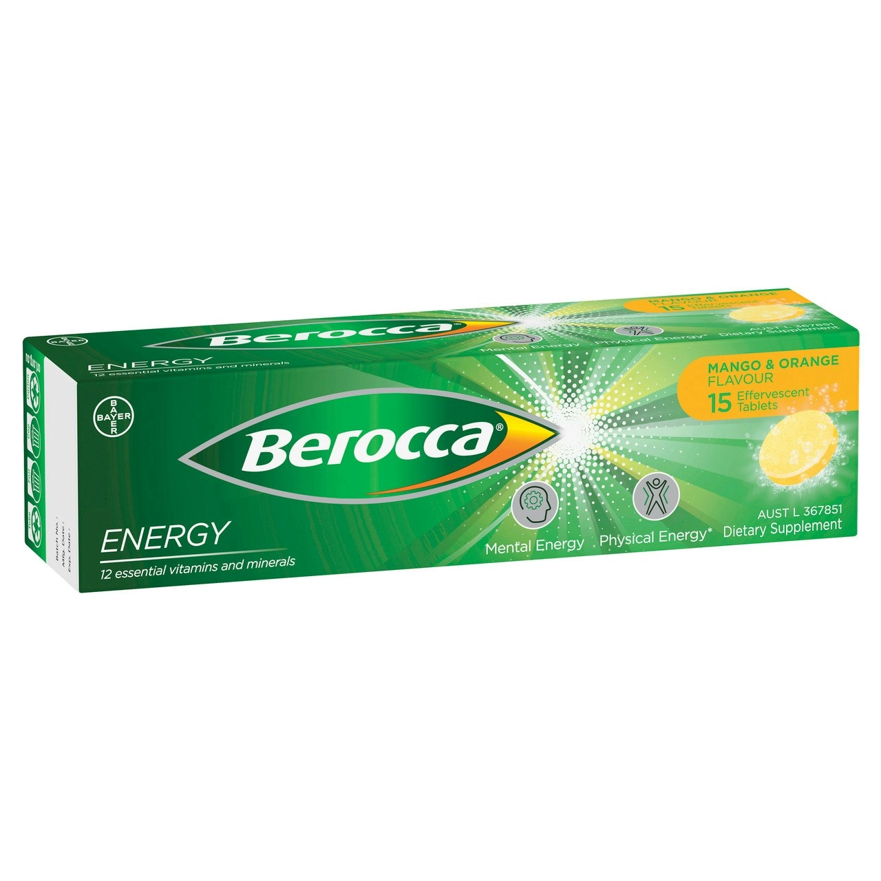 Berocca Energy Vitamin B & C Mango & Orange Flavour Effervescent Tablets 15 Pack