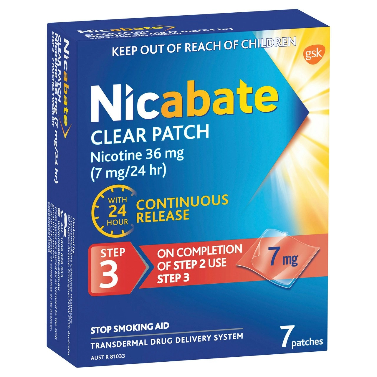 Nicabate Clear Patch Stop Smoking Transdermal drug delivery system Nicotine 7mg 7 Pack