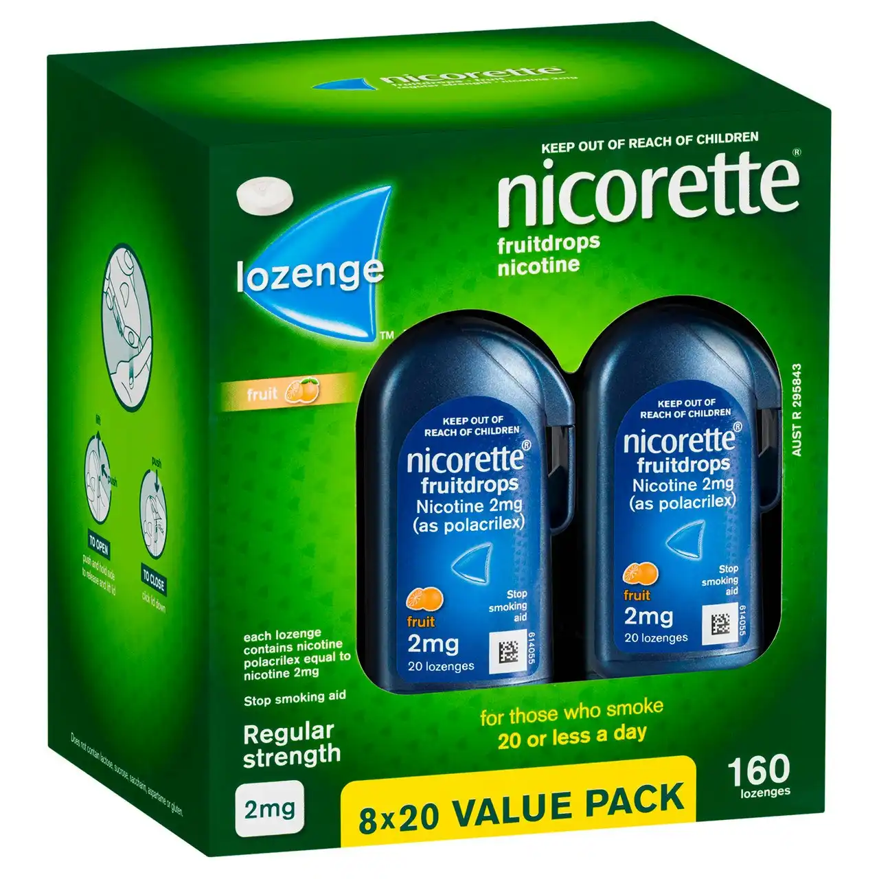 Nicorette Quit Smoking Regular Strength Nicotine Lozenge Fruitdrops  8 x 20 Pack