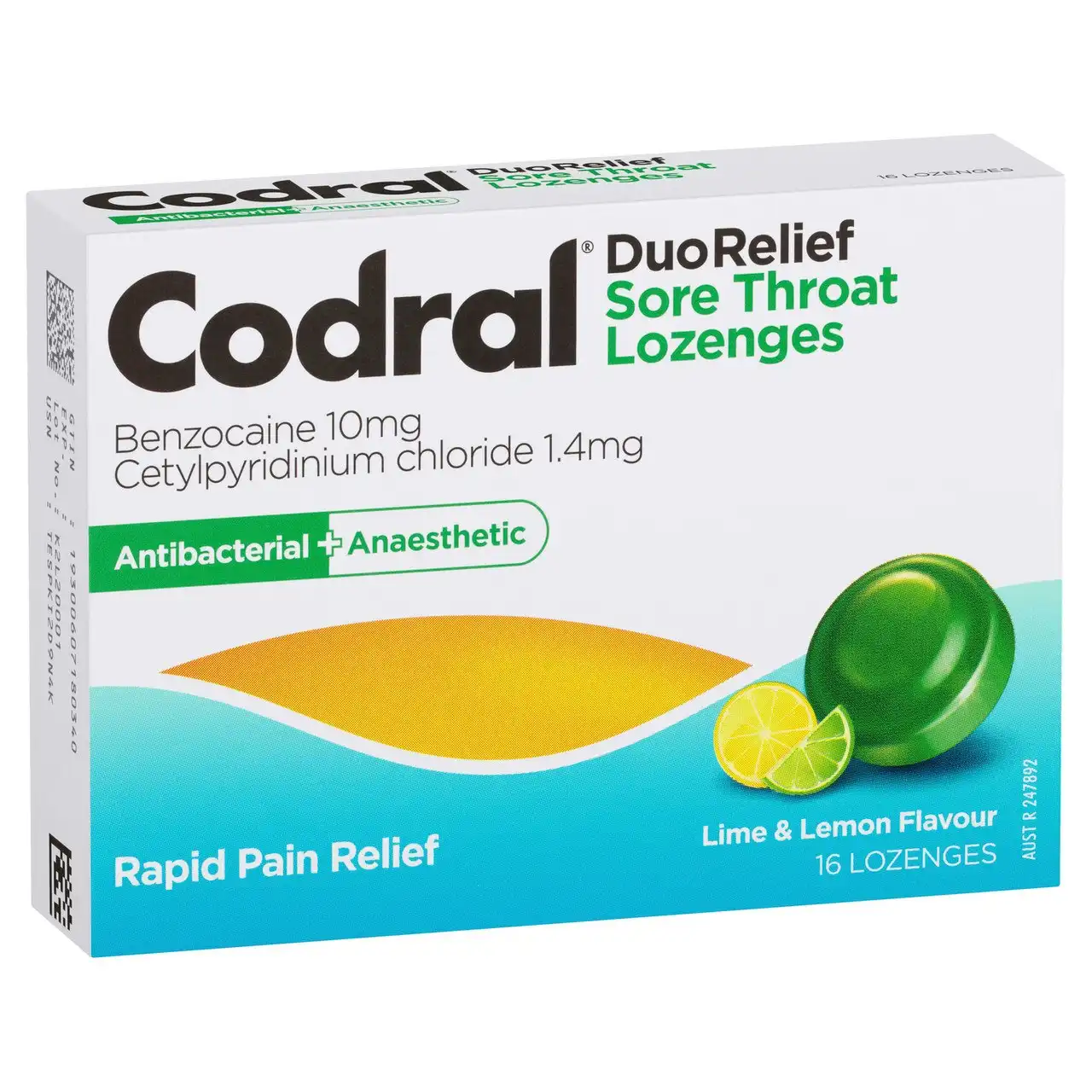 CODRAL Sore Throat Relief Lozenges Antibacterial + Anaesthetic Lime & Lemon 16 Pack