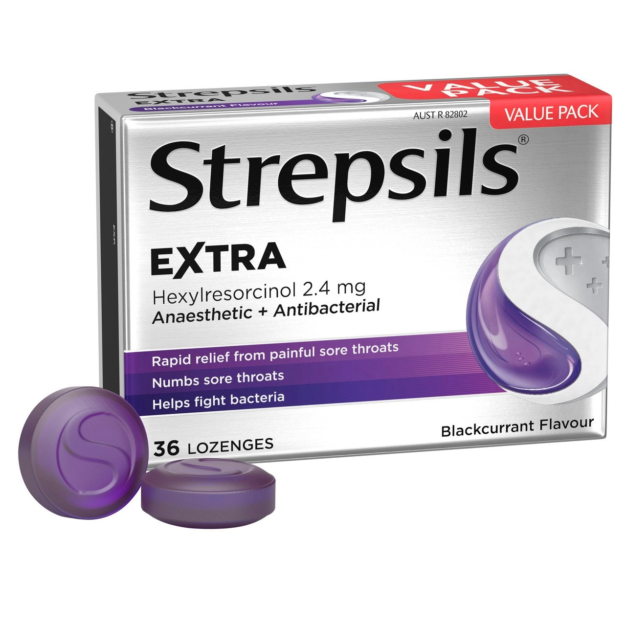 Strepsils Extra Blackcurrant Fast Numbing Sore Throat Pain Relief with Anaesthetic Lozenges 36 pack