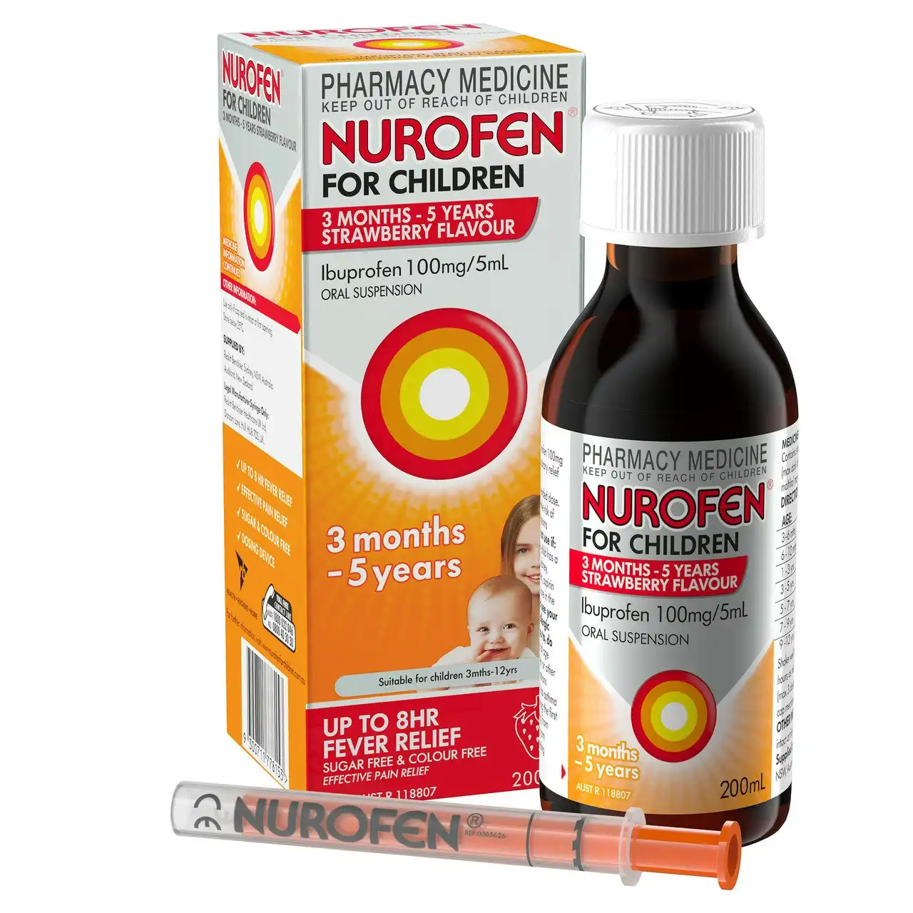 Nurofen For Children 3months - 5years Pain and Fever Relief 100mg/5mL Ibuprofen Strawberry 200mL