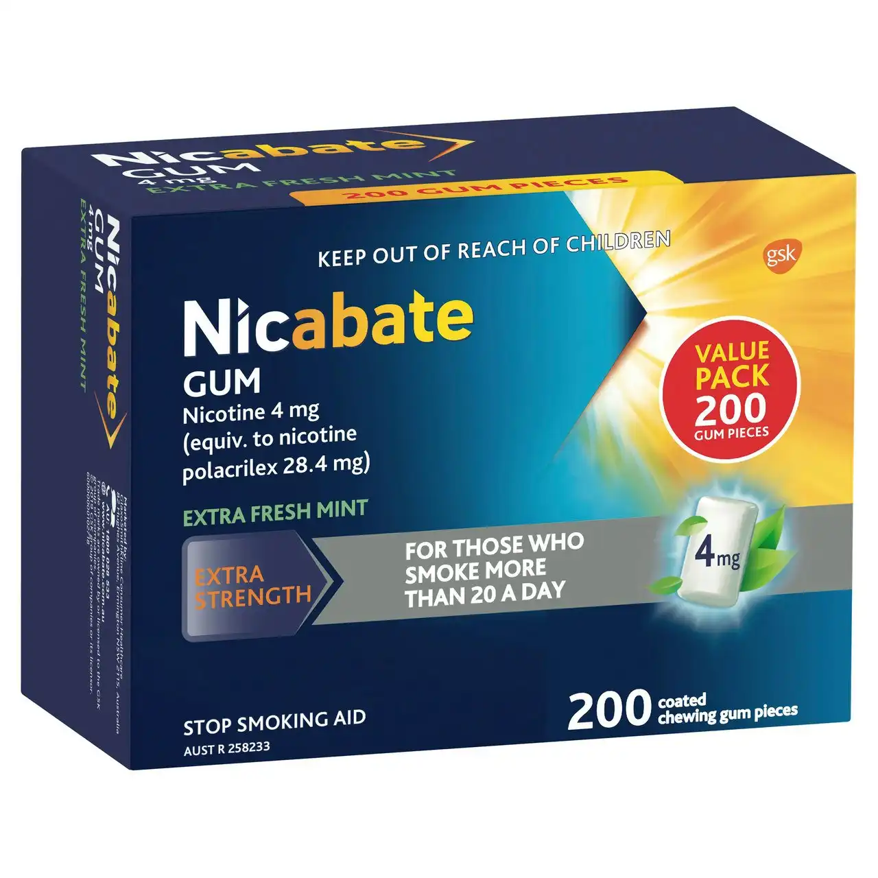 Nicabate Gum Stop Smoking Nicotine 4mg Extra Strength Extra Fresh Mint Coated Chewing Gum 200 Pack