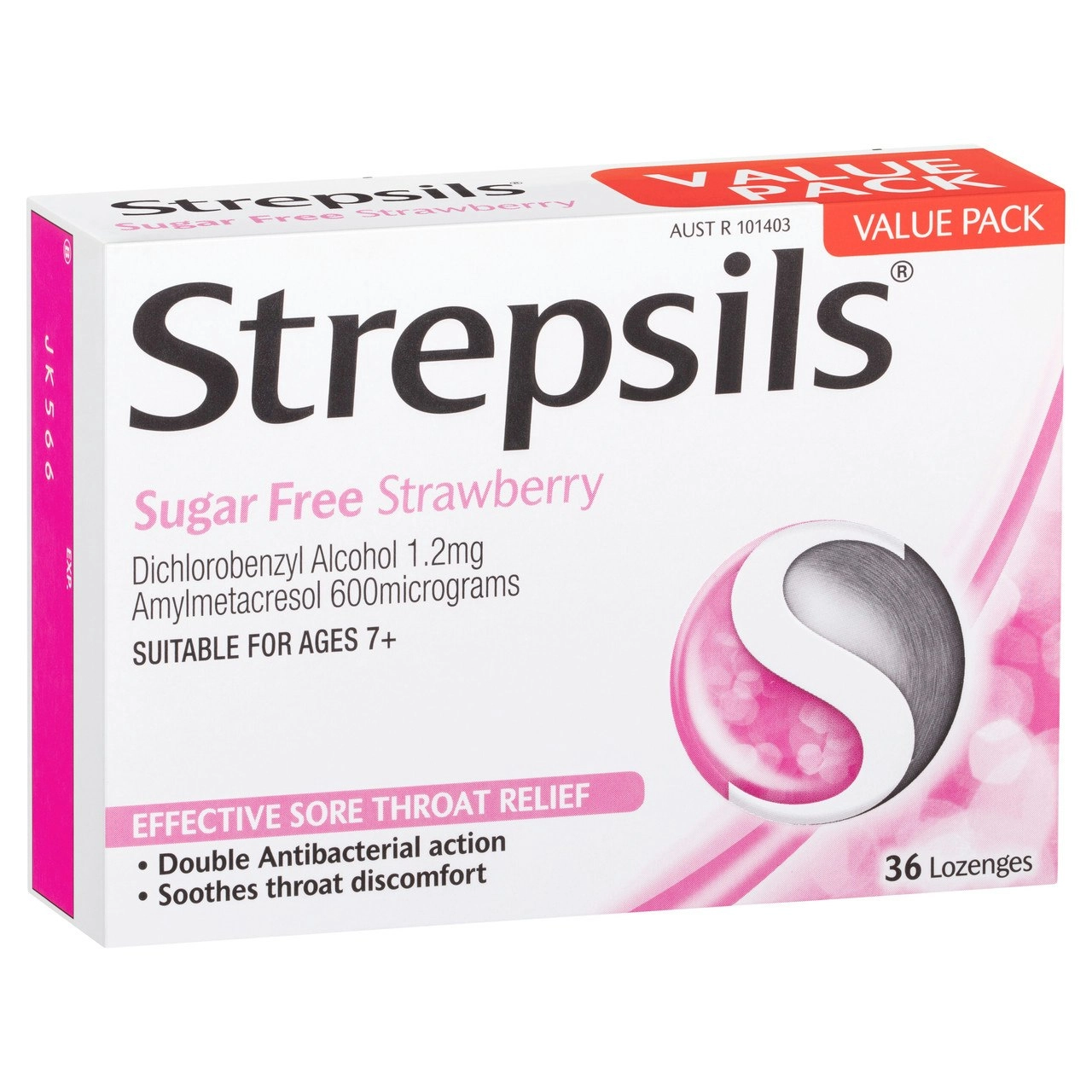 Strepsils Sore Throat Relief Sugar Free Strawberry 36 Pack