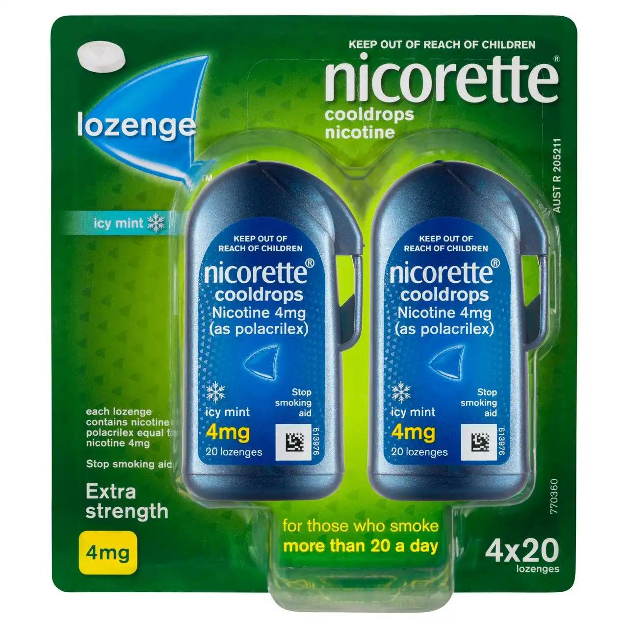 Nicorette Quit Smoking Extra Strength Cooldrops Nicotine Lozenge Icy Mint 4 x 20 Pack