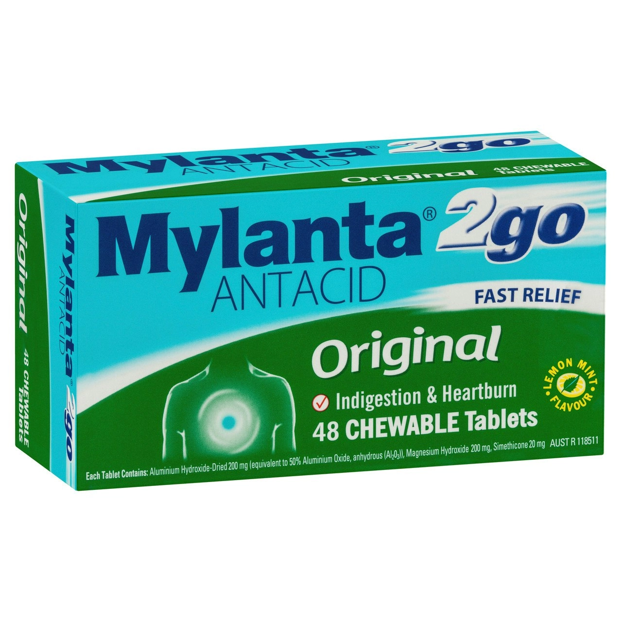 Mylanta 2Go Antacid Original Tablets Lemon Mint 48 Pack