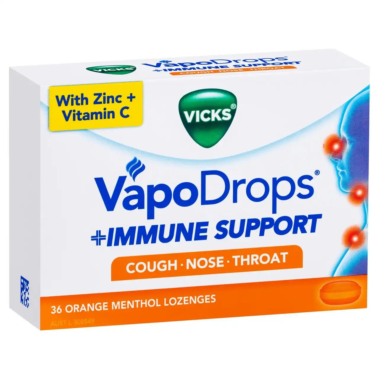 Vicks VapoDrops + Immune Support Orange Menthol, Nose, Throat & Cough Relief, Support Immune Health, 16 Lozenges