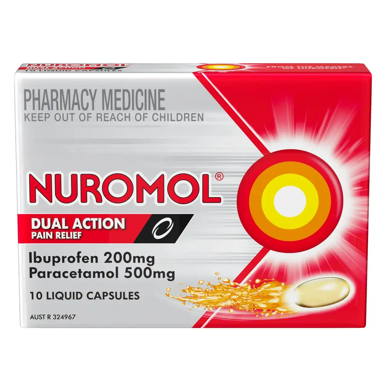 NUROMOL Strong Pain Relief Liquid Capsules 200mg Ibuprofen/500mg Paracetamol 10 pack