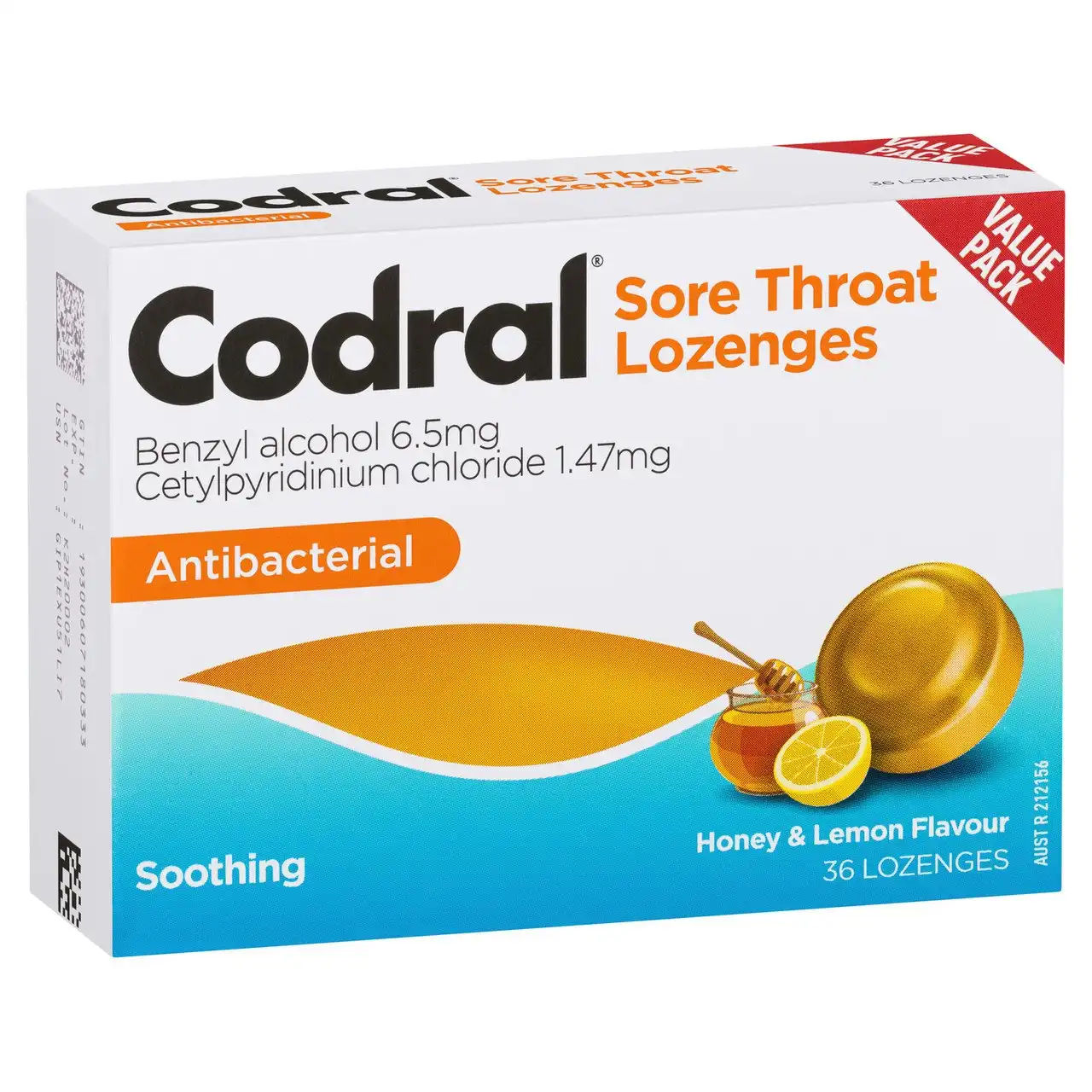CODRAL Sore Throat Relief Lozenges Antibacterial Honey & Lemon 36 Pack