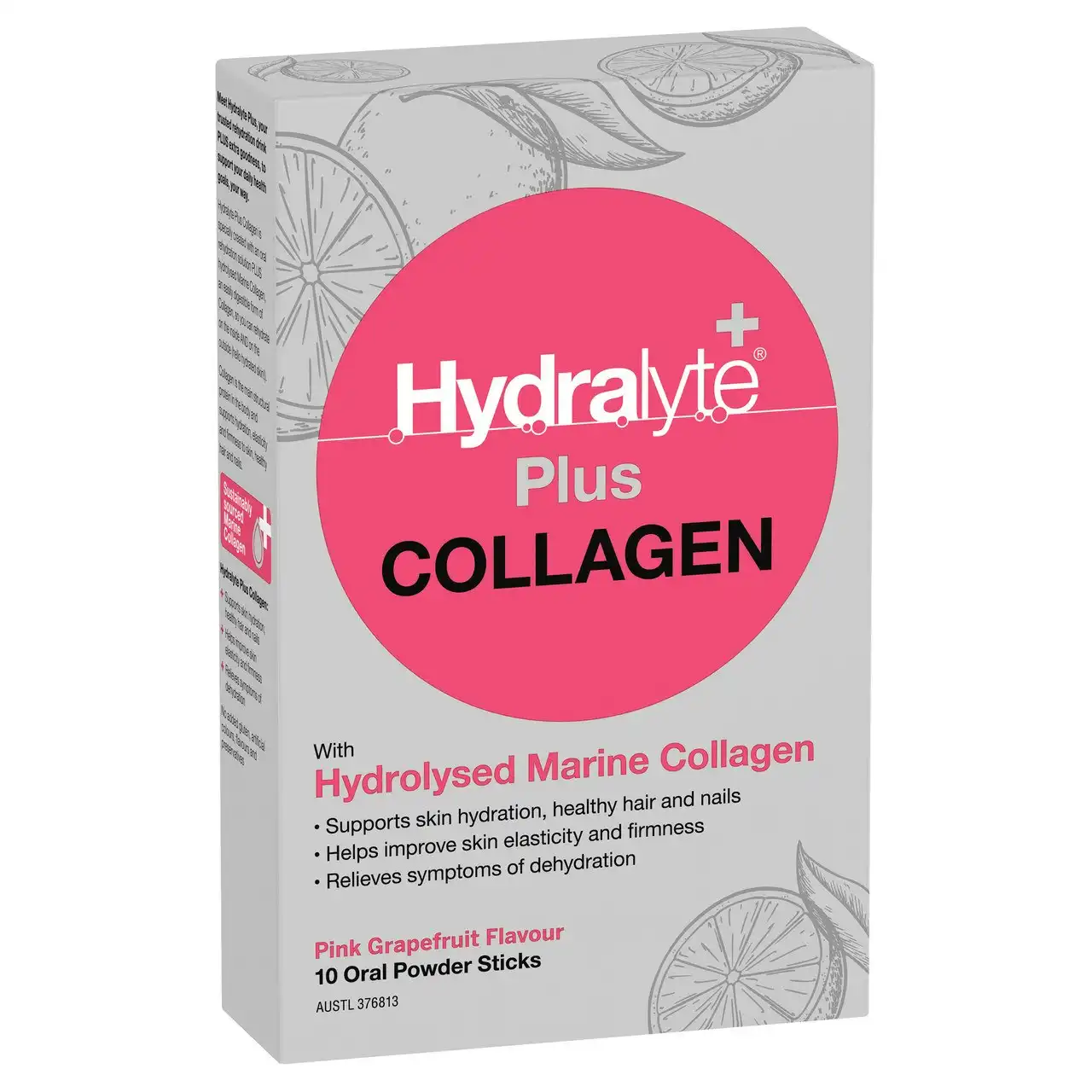 Hydralyte Plus Collagen with Hydrolysed Marine Collagen Pink Grapefruit 10 Pack