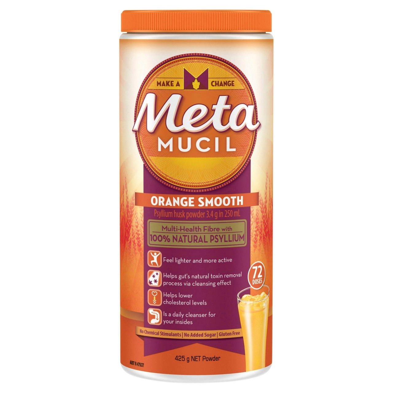 Metamucil Multi-Health Fibre with 100% Psyllium Natural Psyllium Orange Smooth 72D