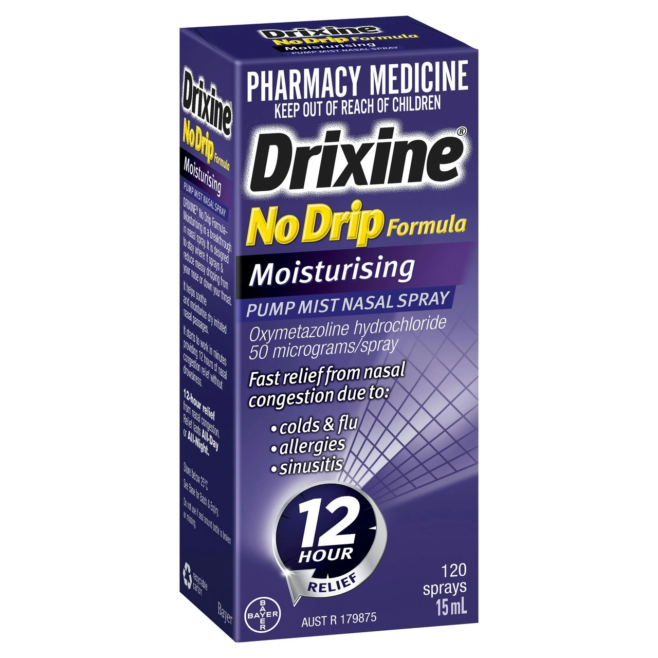 Drixine 12 Hour Relief No Drip Formula Moisturising Pump Mist Nasal Spray 15mL