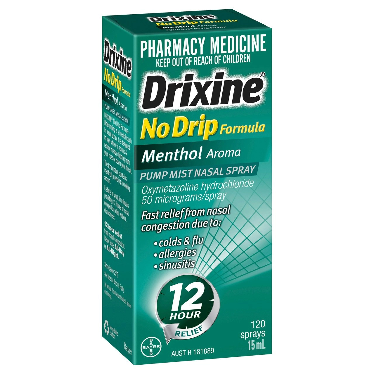 Drixine 12 Hour Relief No Drip Formula Menthol Aroma Pump Mist Nasal Spray 15ml