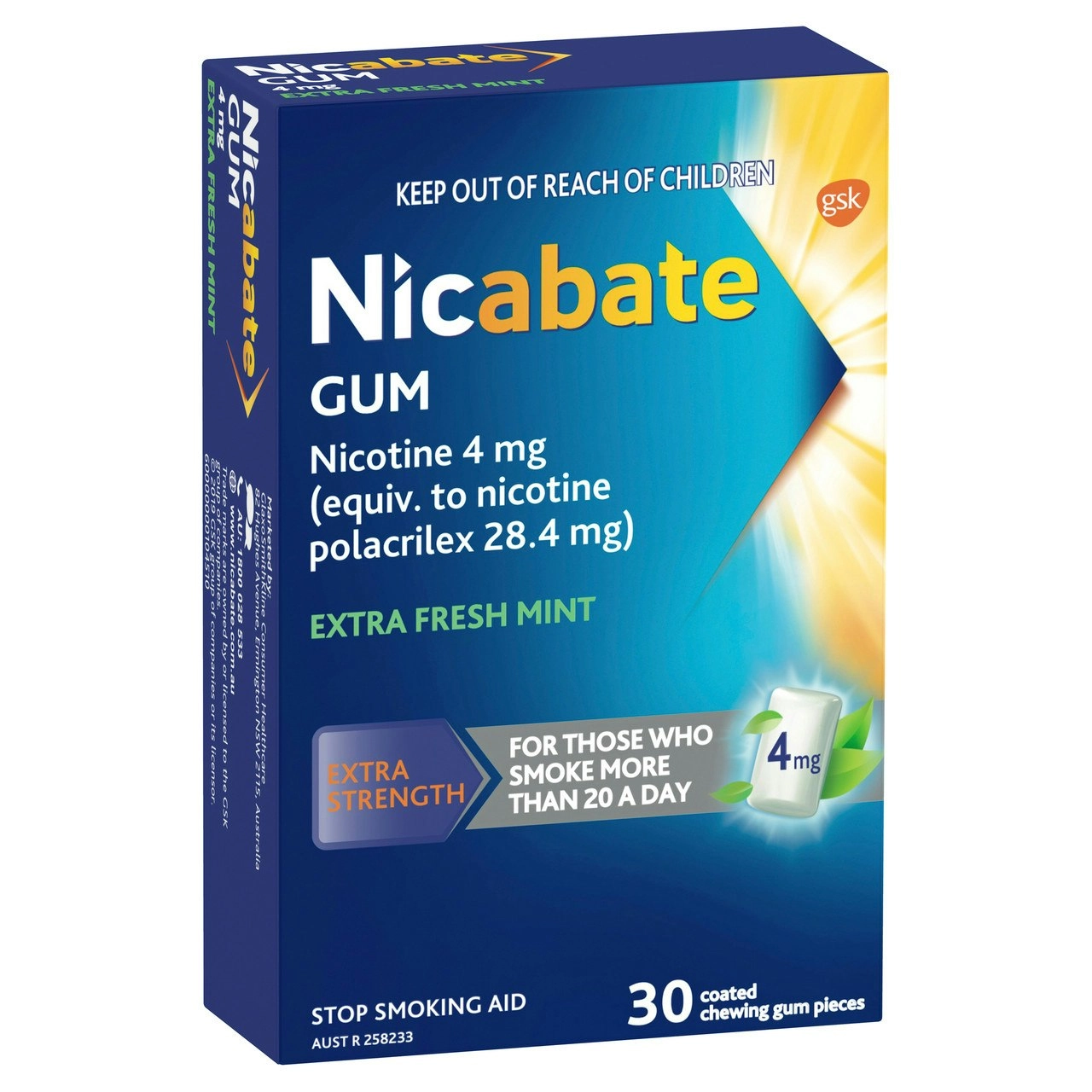 Nicabate Gum Stop Smoking Nicotine 4mg Extra Strength Extra Fresh Mint Coated Chewing Gum 30 Pack