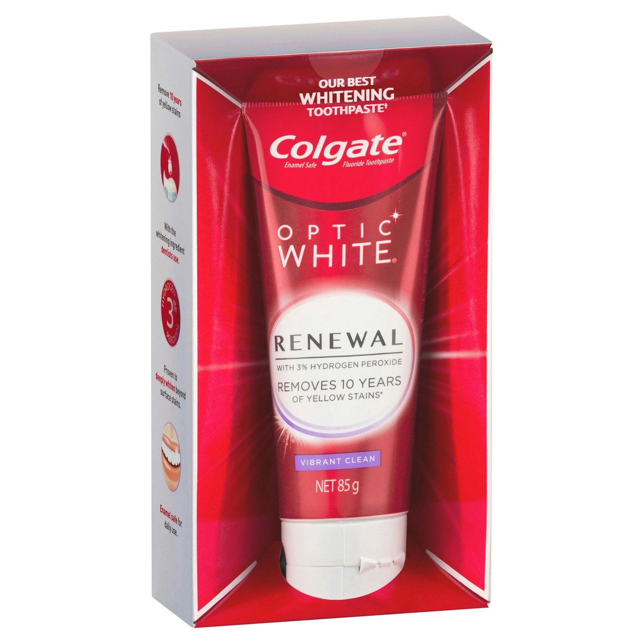 Colgate Optic White Renewal Teeth Whitening Toothpaste 85g, Vibrant Clean, Enamel Safe, with 3% Hydrogen Peroxide