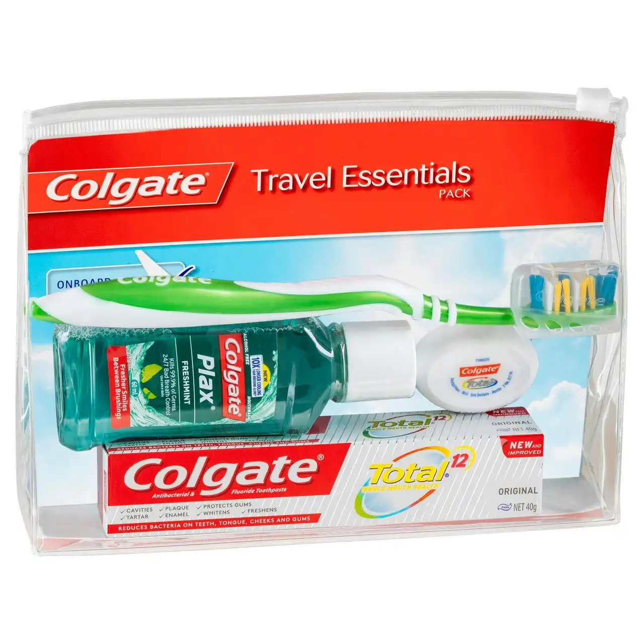 Colgate Travel Essentials Kit, 1 Pack, Toothbrush, Toothpaste, Mouthwash, Floss and Travel Bag Pack