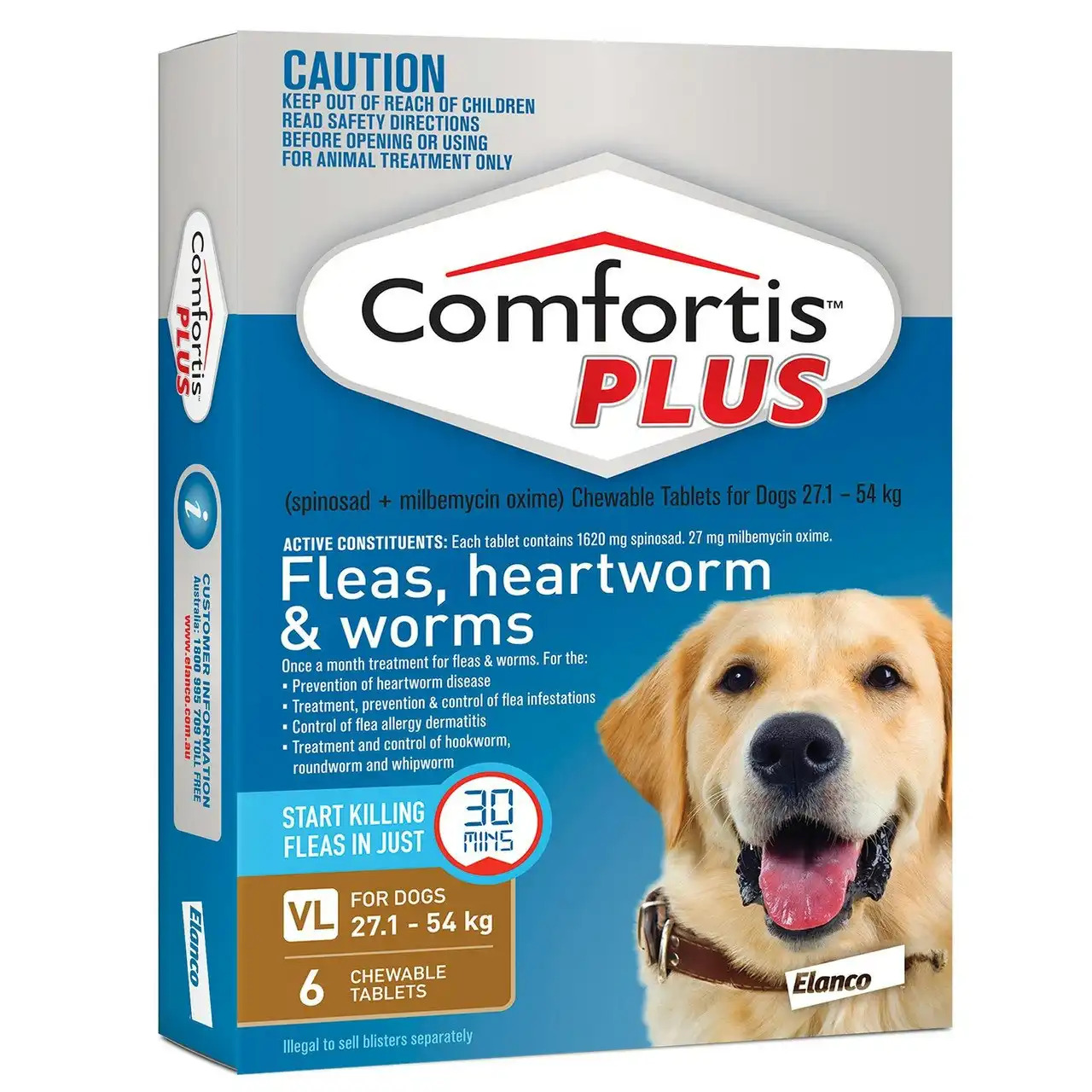 Comfortis(TM) PLUS Fleas, Heartworm & Worms for Dogs 27.1 - 54kg - 6 Pack