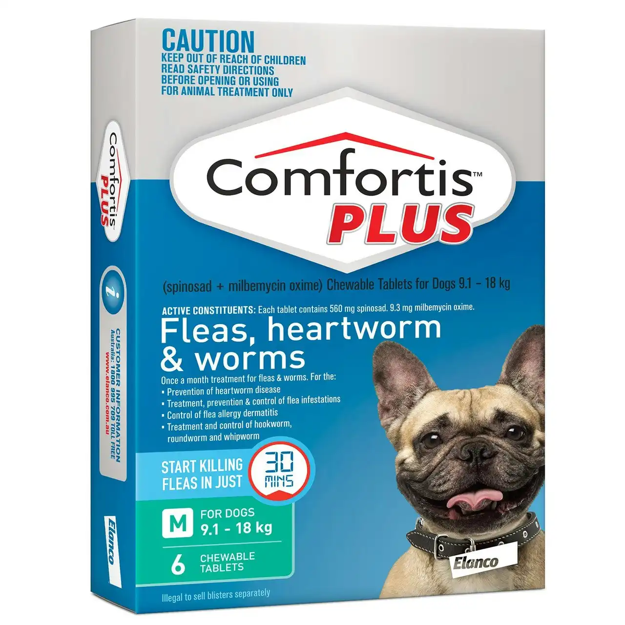 Comfortis(TM) PLUS Fleas, Heartworm & Worms for Dogs 9.1 - 18kg - 6 Pack