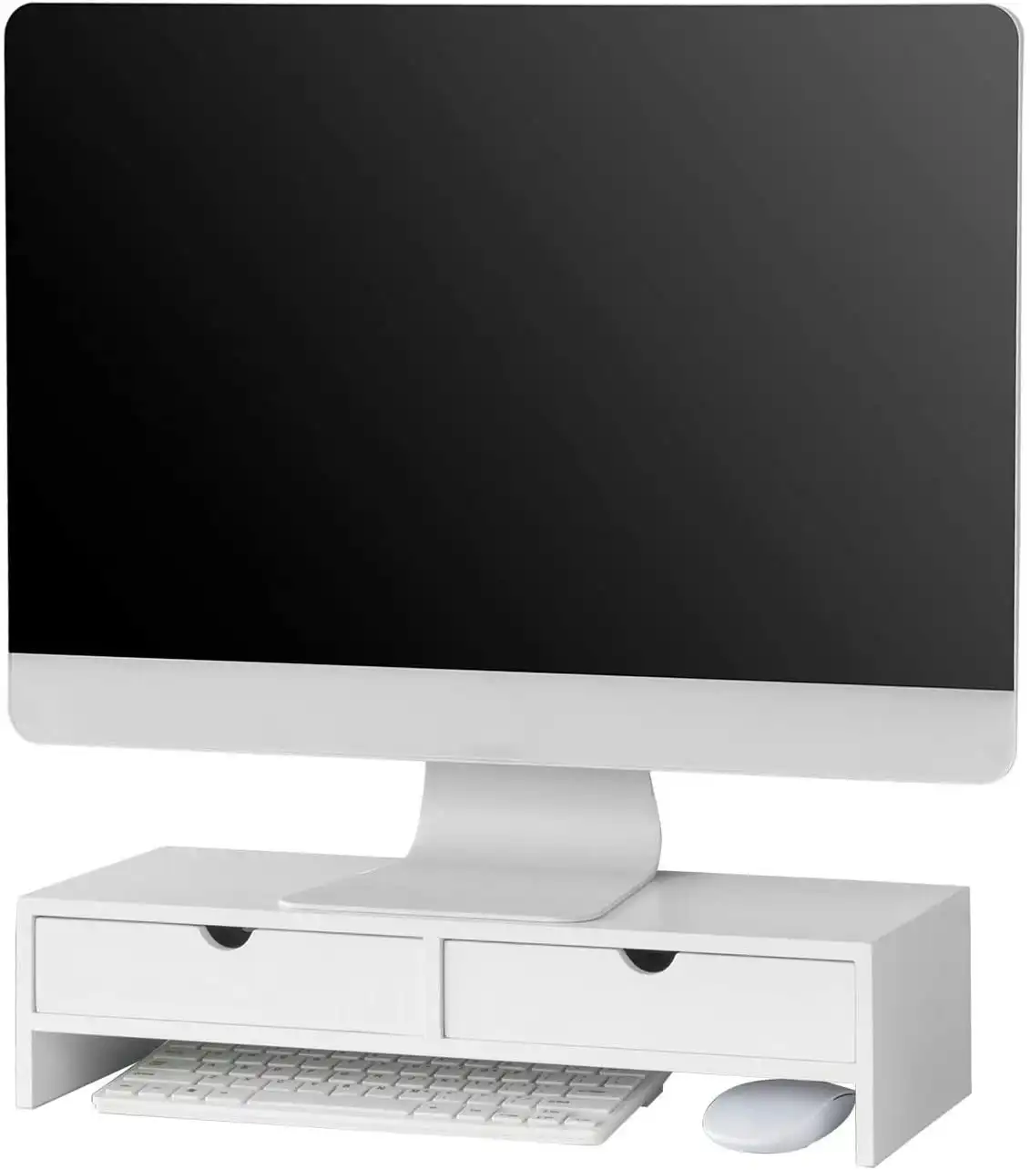 White Monitor Stand Desk Organizer With 2 Drawers - One Size