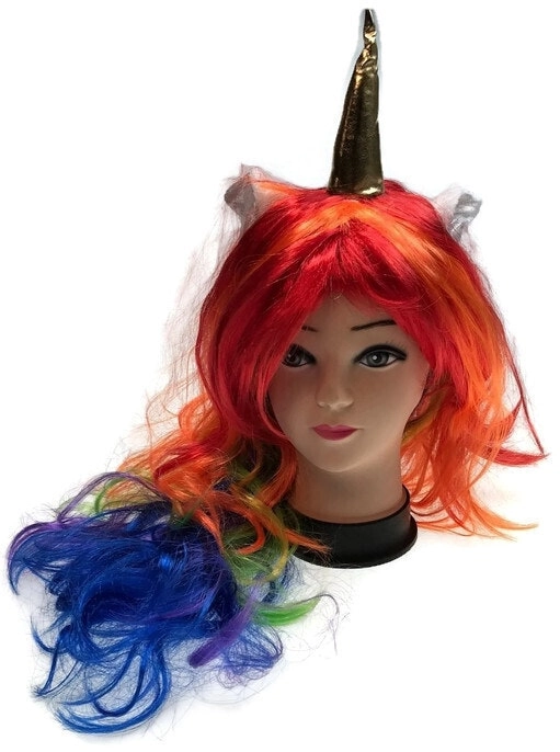 UNICORN WIG Pony Cosplay Party Costume Hair Wavy Curly Rainbow