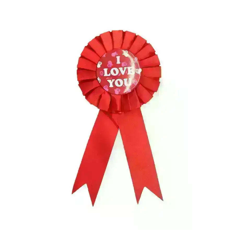 I Love You Ribbon Badge Award Fun Rosette Fancy Dress Party Romantic - Red